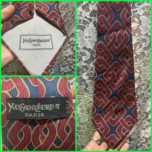 Yves Saint Laurent Burgundy Navy tan geometric pattern Silk Tie vintage 1960s